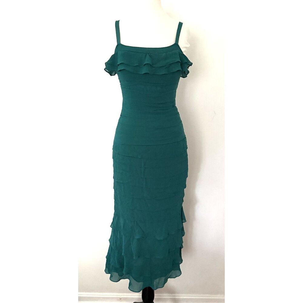 Gilar VTG Green Chiffon Silk Mermaidcore Whimsical Flounce Strap Dress 8 -Stain